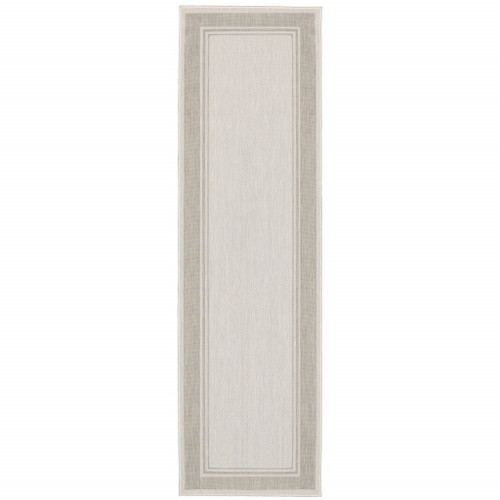 Homeroots Home Decor Ivory and Gray Bordered Indoor Outdoor Runner Rug, Ivory and Gray, 2 x 7 Inch
