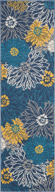 8' Blue And Gold Floral Runner Rug