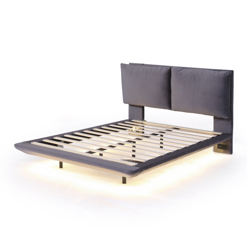 Gray Tufted Upholstered Full Bed Frame With LED Lighting And USB