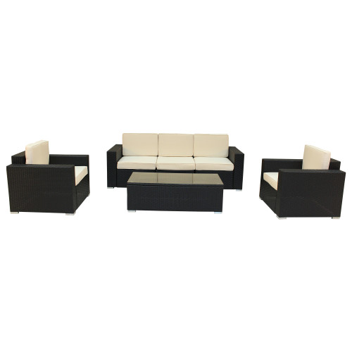 Four Piece Brown SQA Faux Rattan and Ivory Outdoor Seating Set with Table