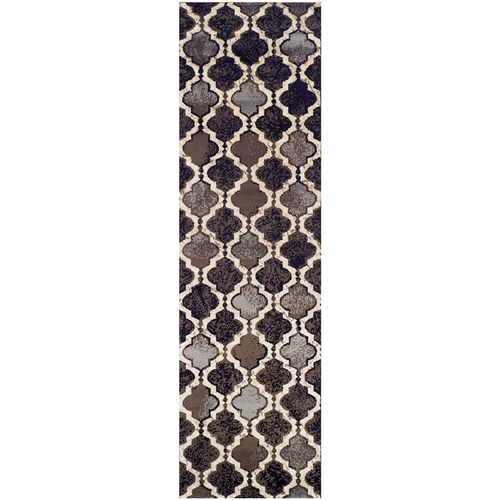 10' Brown Black And Ivory Quatrefoil Distressed Runner Rug