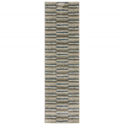 8' Beige And Blue Abstract Distressed Runner Rug Polyester