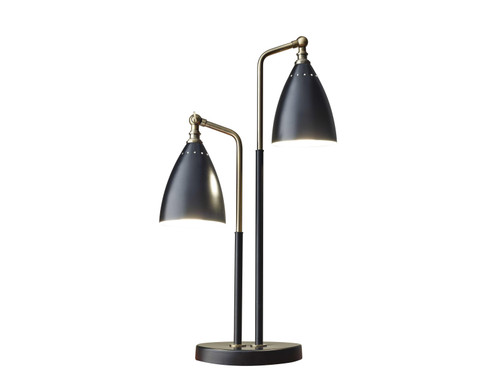 Matte Black Metal and Antique Brass Two Light Adjustable Table Lamp