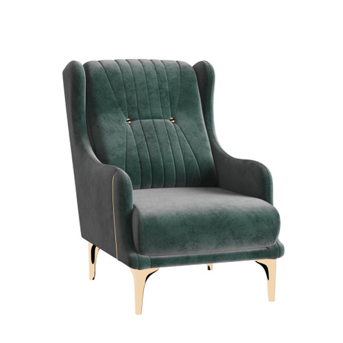 39" Green Velvet And Gold Tufted Wingback Chair