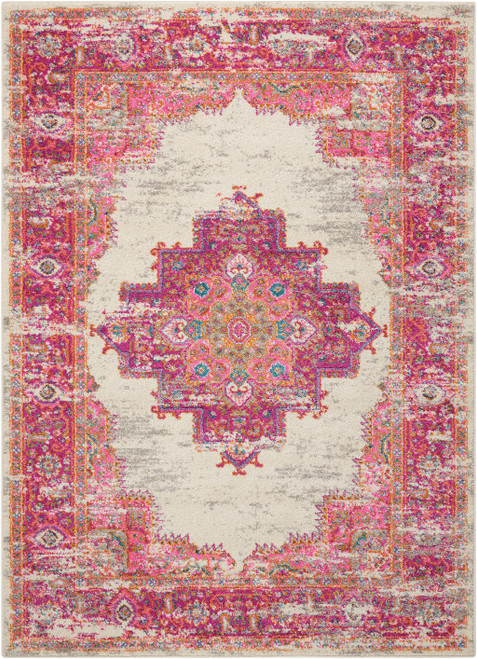 5' X 7' Ivory And Fuchsia Oriental Distressed Area Rug