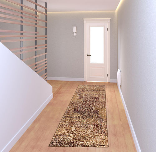 8' Gold And Maroon Abstract Distressed Runner Rug