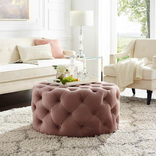 33" Blush Velvet With Black Tufted Round Cocktail Ottoman