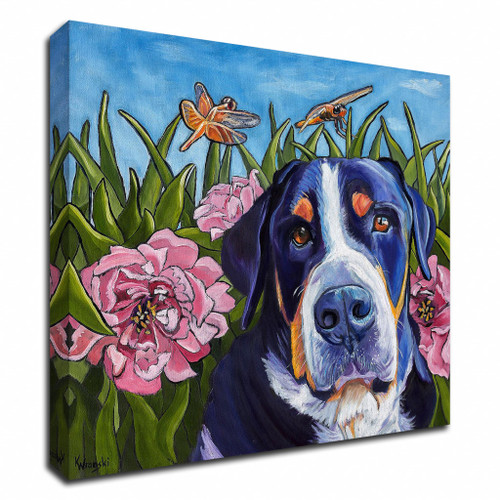 Dog And Dragonflies Wrapped Canvas Print Wall Art
