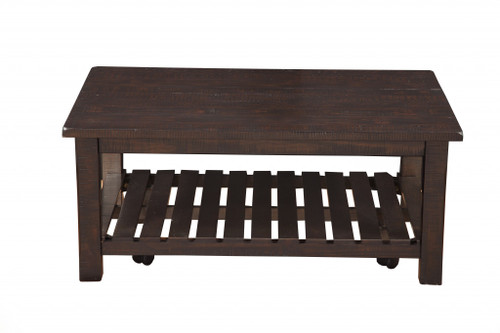 42" Espresso Solid Wood Rectangular Distressed Coffee Table With Shelf