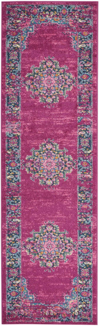 8' Fuchsia And Blue Oriental Distressed Runner Rug