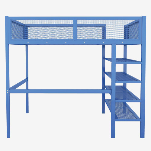 Blue Platform Metal Full Double Loft Bed With Shelves