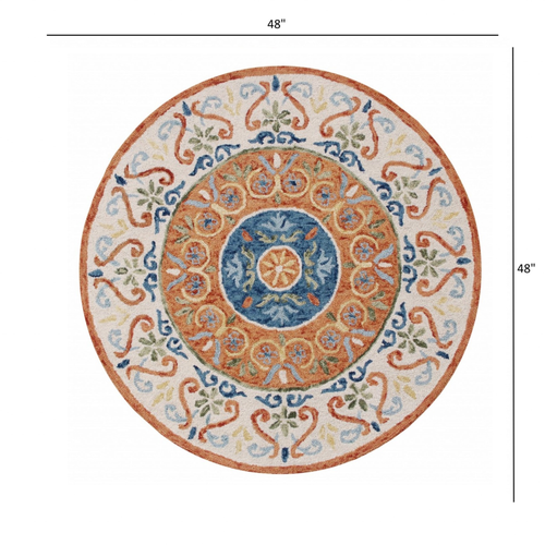 4' Round Orange Traditional Medallion Area Rug