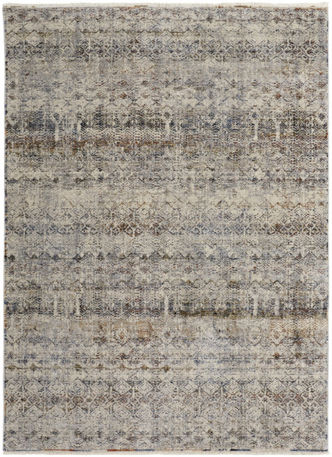 2' X 3' Gray Ivory And Blue Abstract Distressed Area Rug With Fringe