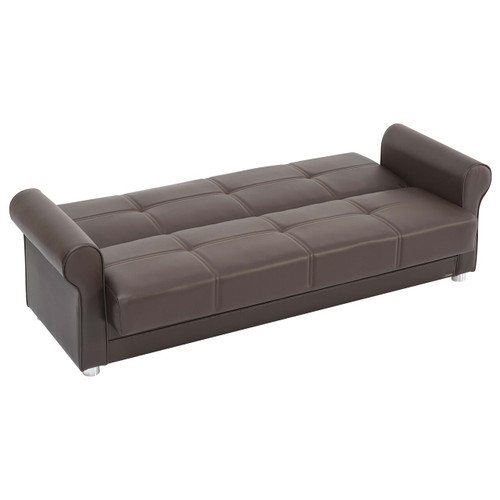 89" Brown Faux Leather Convertible Futon Sleeper Sofa And Toss Pillows With Storage