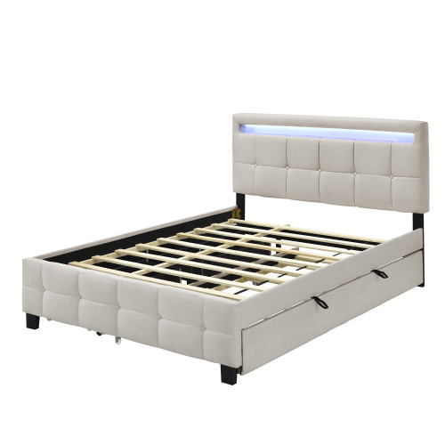 Beige Tufted Upholstered Lighted Queen Bed Frame With Trundle And USB And Drawers