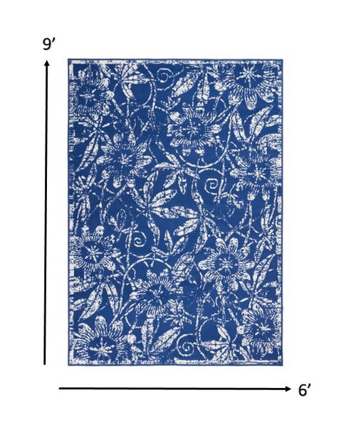 6' X 9' Ivory And Blue Floral Vines Distressed Area Rug
