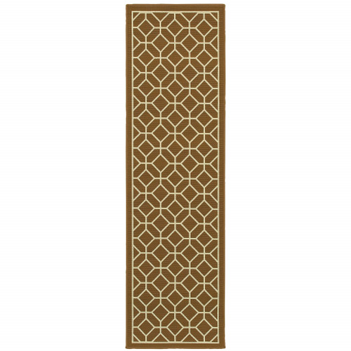 2' X 8' Brown Geometric Stain Resistant Indoor Outdoor Area Rug