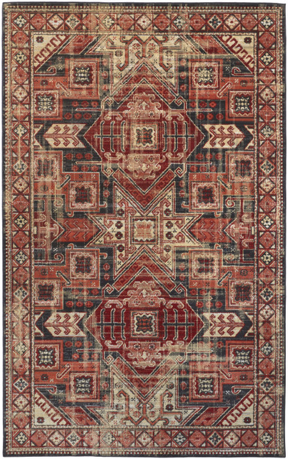 2' X 3' Red Tan And Black Abstract Power Loom Distressed Stain Resistant Area Rug