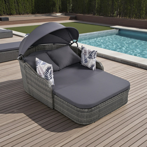 80" Gray Faux Rattan Outdoor Chaise Lounge Chair With Gray Canopy And Cushion