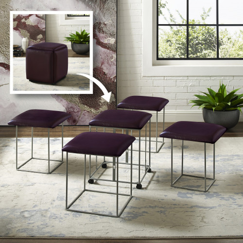 28" Purple Faux Leather With Black Cube Ottoman