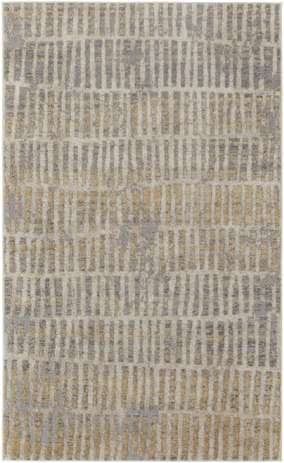 5' X 8' Gray Ivory And Gold Geometric Power Loom Distressed Area Rug
