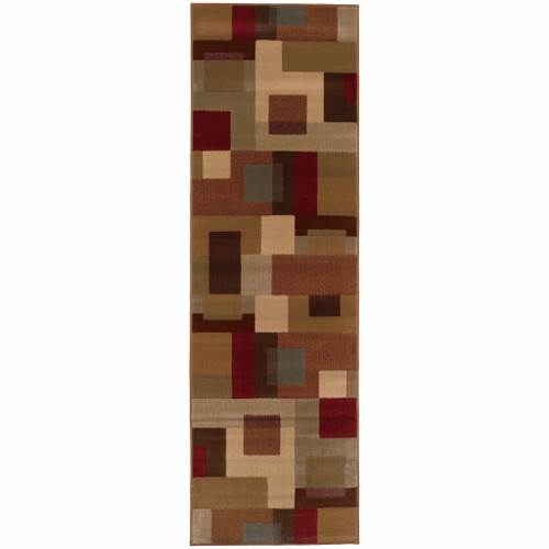 3'x8' Red and Tan Geometric Runner Rug