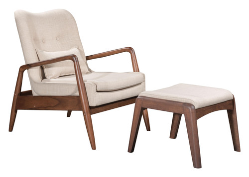 Walnut and Beige Linen Look Modern Retro Chair and Ottoman Set