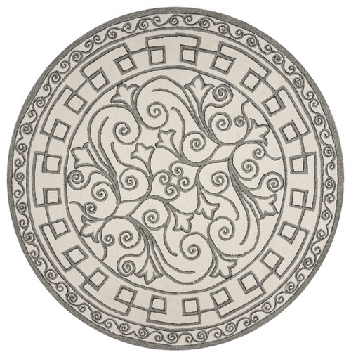 8' Ivory Grey Hand Woven UV Treated Greek Key Medallion Round Indoor Outdoor Area Rug
