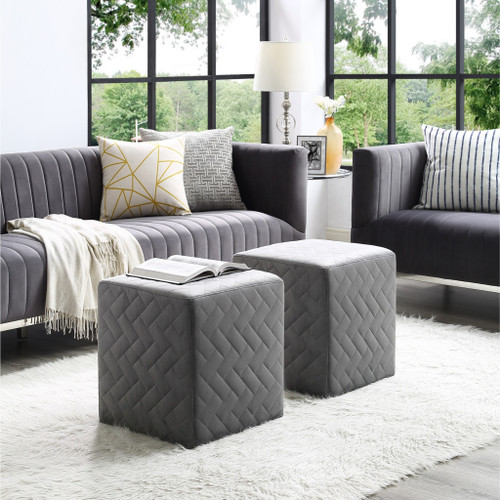 17" Grey Velvet Quilted Cube Ottoman