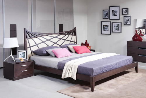 47" Brown Veneer And Beige Bonded Leather Queen Bed
