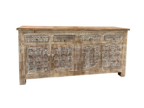 74" Natural Distressed Solid Wood Carved Floral Four Drawer Sideboard with Four Doors