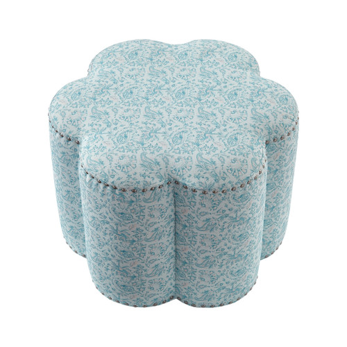 25" Aqua Blue and Cream 100% Linen Flower Shaped Ottoman