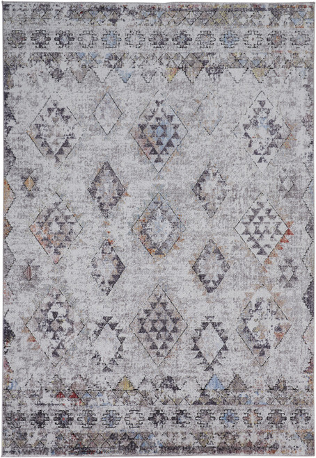 8' X 10' Gray Taupe And Blue Geometric Stain Resistant Area Rug