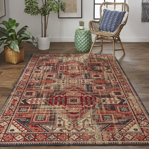 4' X 6' Red Tan And Black Abstract Power Loom Distressed Stain Resistant Area Rug