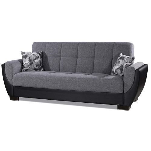 93" Black And Gray Chenille And Faux Leather Convertible Futon Sleeper Sofa With Toss Pillows And Storage