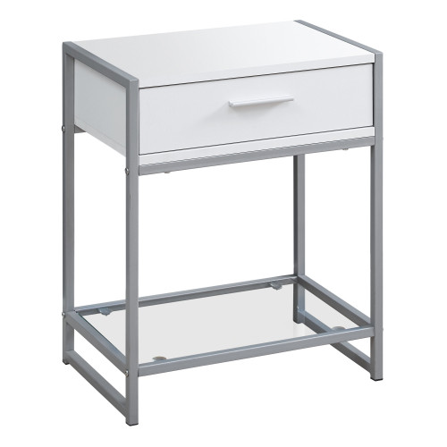 12" x 18" x 22.25" White Clear Silver Metal Tempered Glass Accent Table