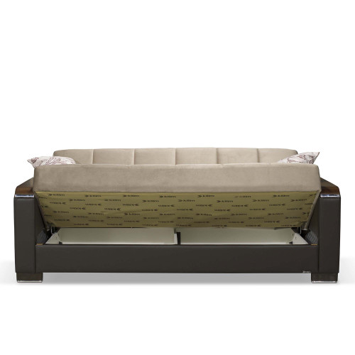 87" Brown And Sand Chenille And Faux Leather Convertible Futon Sleeper Sofa With Toss Pillows And Storage