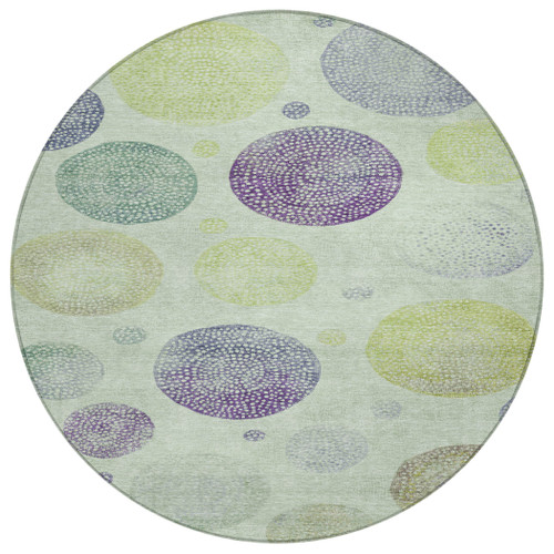 8' Artichoke Green And Purple Round Geometric Washable Indoor Outdoor Area Rug