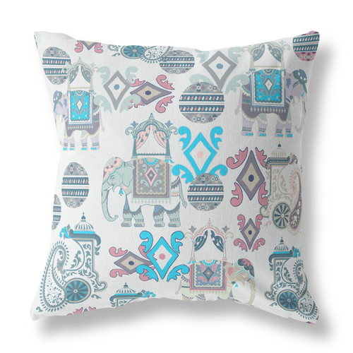 28" X 28" Beige And Blue Broadcloth Floral Throw Pillow
