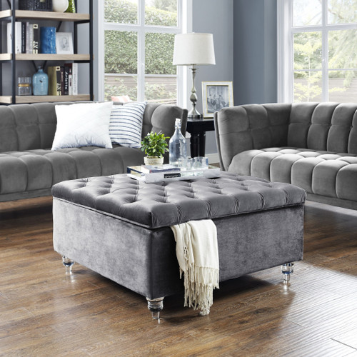 36" Grey Velvet With White And Clear Tufted Storage Ottoman