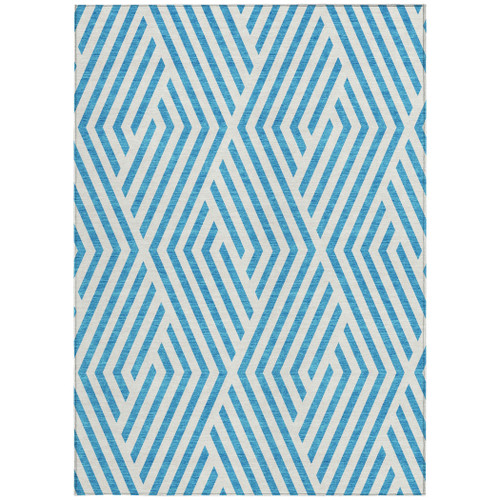 3' X 4' Teal and White Geometric Washable Non Skid Indoor Outdoor Area Rug