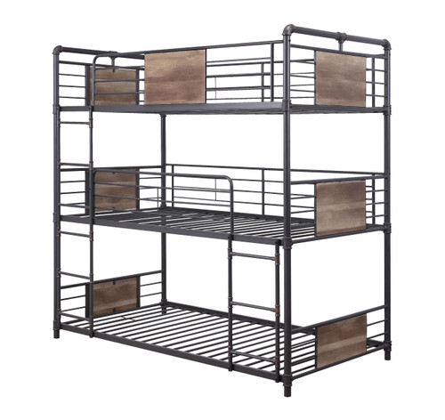 43" X 79" X 79" Sandy Black Dark Bronze HandBrushed Metal Wood Triple Bunk Bed Twin