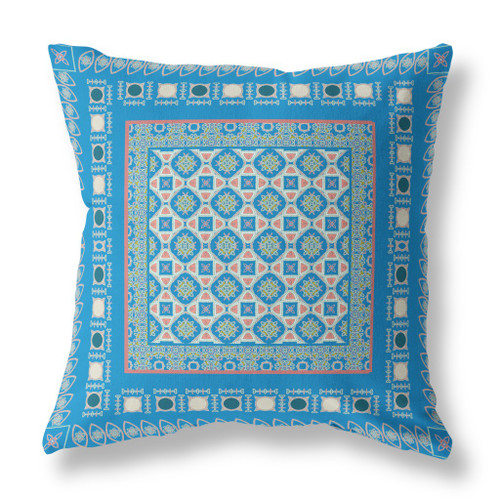 28" X 28" Blue And Pink Broadcloth Floral Throw Pillow
