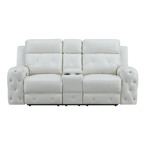 White Leather Gel Cover Power Console Reclining Loveseat in Plushily Padded Seats Jewel Embellished Tufted Design Along With Recessed Arm