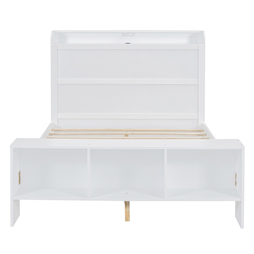 White Wood Full Bed Frame With LED Lighting And USB