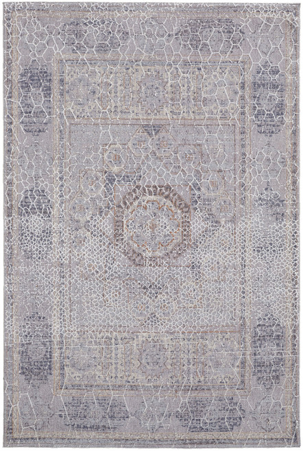 9' X 12' Gray And Ivory Floral Power Loom Distressed Stain Resistant Area Rug