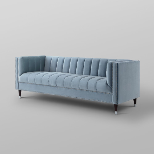85" Slate Blue Velvet and Espresso Sofa