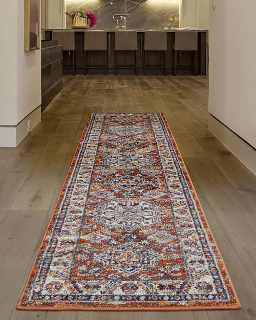 10' Ivory Blue and Orange Medallion Runner Rug