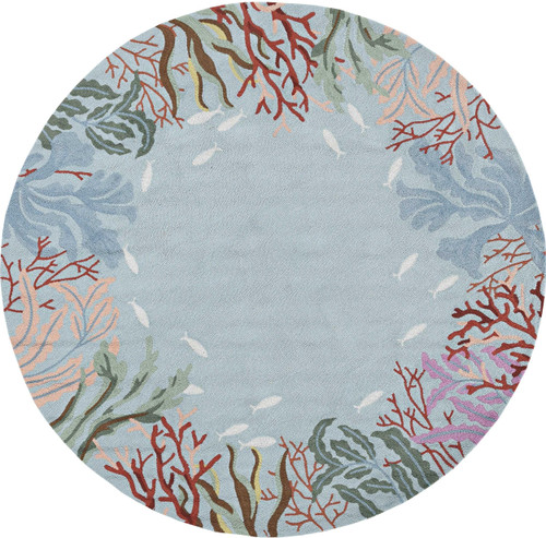 8' Blue Hand Hooked Bordered Coral Reef Indoor Runner Rug