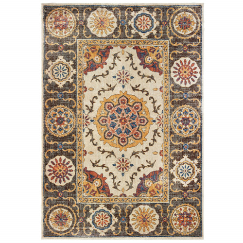 8' X 11' Ivory And Brown Oriental Power Loom Stain Resistant Area Rug